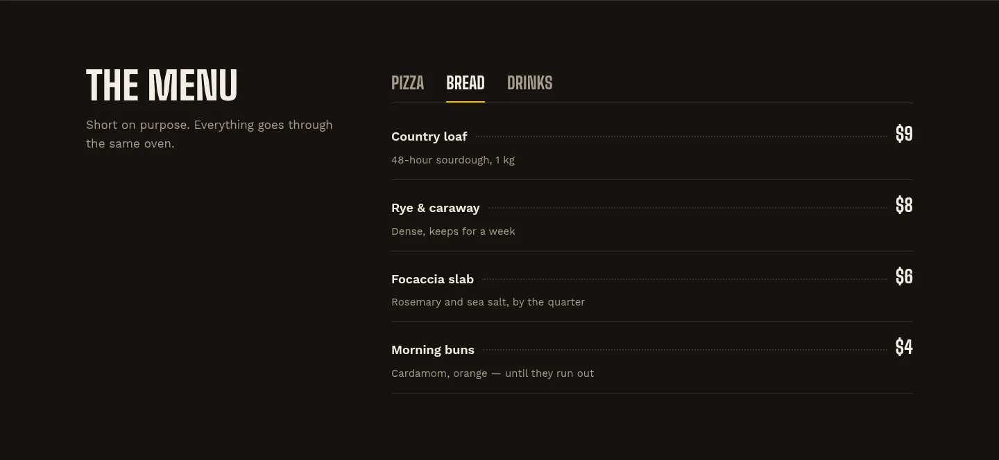Menu as a printed receipt, bread tab