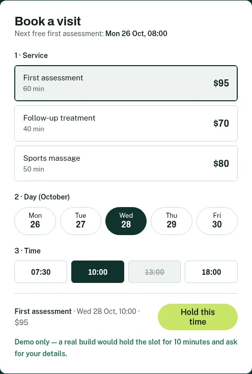 Time selected: summary + hold button enabled